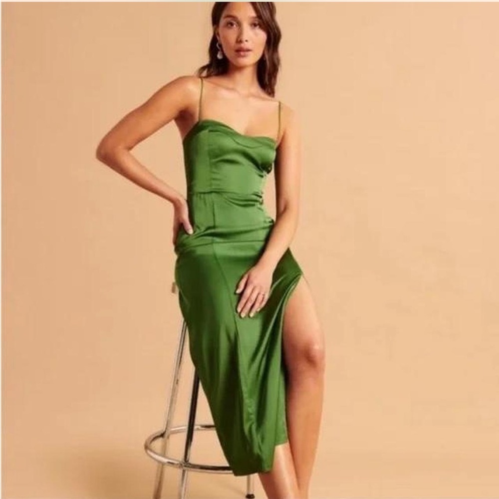 Abercrombie and Fitch Green Satin Camille Midi Dress